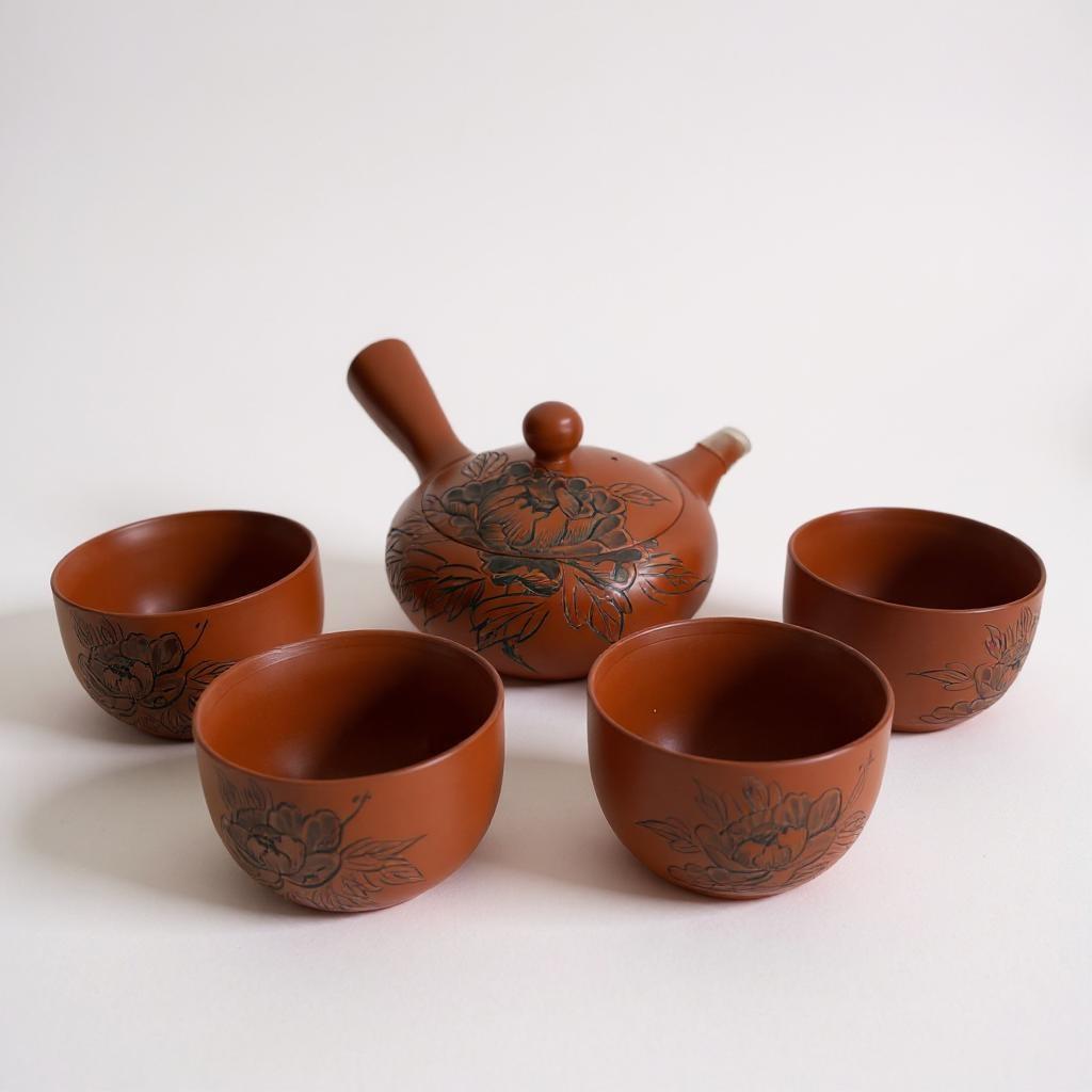 Japanese Clay Tea Set with Floral Engraving – Teapot & 4 Cups